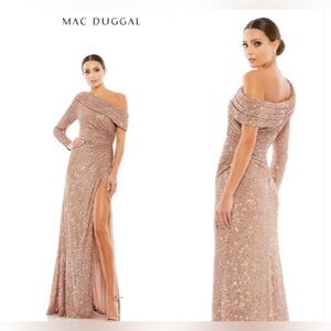Nwt Ieena for Mac Duggal Sequined Drop Shoulder Faux Wrap Gown in Copper